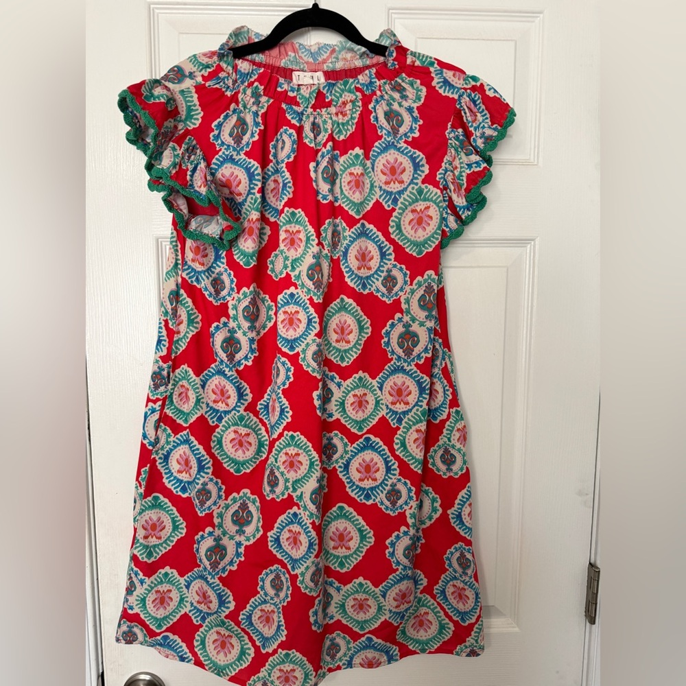 THML Red Floral Medallion Ruffle-Sleeve Dress